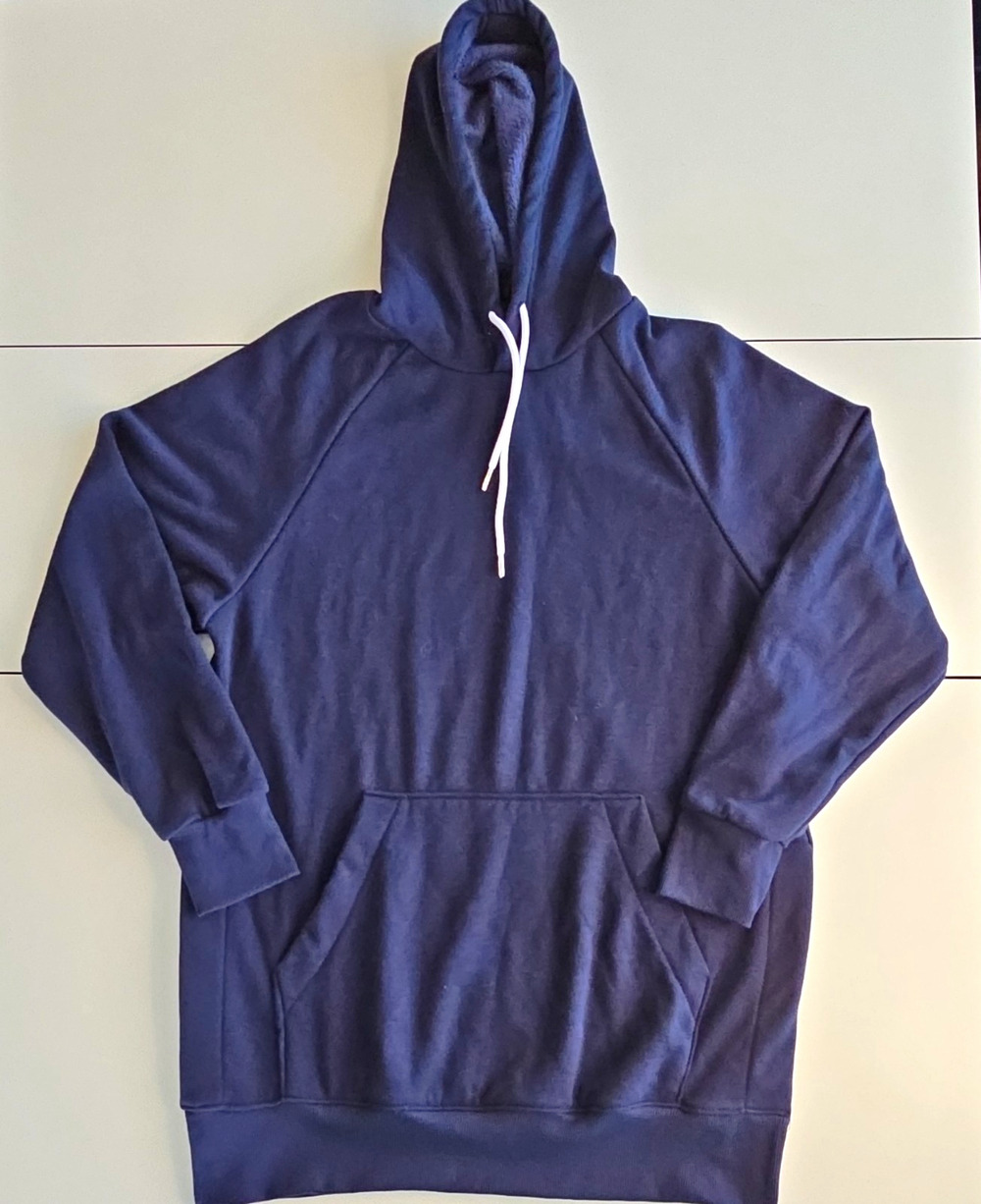 The Warmy Mens L Navy Blue Pullover Hoodie Fleece Lined Longline Cotton